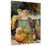Autumn Turtle Bath Canvas Wall Art, Orange Green Sea Creature Poster Prints, Abstract Bathroom Wall Decor for Living Room, Bedroom, Bathroom, Spa, Wrapped Canvas 16x20 Inch