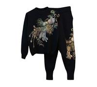 Autumn Velvet Thick Two Piece Sets Women Black Work Beaded Sequin Tracksuit Women Pullover + Harem Pants Outfits
