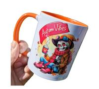 Autumn Vibes Mug - Cute Pirate Skeleton with Hot Drink, 11oz Ceramic Coffee Cup with Orange Handle & Inner, Cozy Halloween & Fall Gift Idea