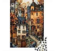 Autumn Village Art 1000 Piece Matte Cardboard Fall City Buildings Art Jigsaw Puzzle for Adults Precision-cut Stress Reliever Durable 70x50cm/1000pcs
