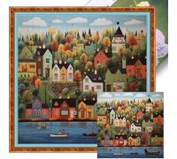 Autumn Village Cross Stitch Kit for Adults, 14CT Stamped DIY Embroidery Set, Charming Lakeside Town Landscape Needlepoint, Modern Folk Art Craft for Living Room Wall Decor - 50x50cm