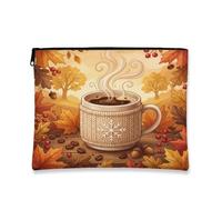 Autumn Vintage Makeup Bag, Cozy Coffee Cup Cosmetic Pouch for Women, Portable Canvas Zipper Organizer, Fall Skincare Toiletry Bag, Brown, 7x9 Inch, Coffee Cup