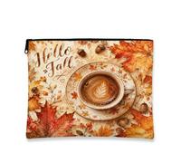 Autumn Vintage Makeup Bag, Hello Fall Coffee Cosmetic Travel Pouch for Women, Portable Small Canvas Zipper Organizer, Seasonal Skincare Toiletry Bag, Orange, 7x9 Inch, Coffee