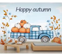 Autumn Wallpaper Blue Plaid Truck Custom Wallpaper Orange and White Pumpkins Wall Murals Leave and Flower Bedroom Wall Paper Mural for Living Room Bedroom Kids Room Poster 150X105cm
