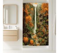 Autumn Waterfall Shower Curtain, Vibrant Orange Forest Landscape Bathroom Decor, Fall Seasonal Rustic Home Aesthetic Fabric Shower Curtain with Hooks 36x72 Inch