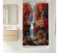 Autumn Waterfall Shower Curtain, Vibrant Red and Orange Forest Landscape Decor, Fall Nature Scenic Bathroom Set, Rustic Cabin Style Waterproof Fabric with Hooks 36x72 Inch