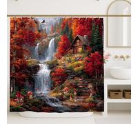 Autumn Waterfall Shower Curtain, Vibrant Red and Orange Forest Landscape Decor, Fall Nature Scenic Bathroom Set, Rustic Cabin Style Waterproof Fabric with Hooks 72x72 Inch