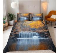 Autumn Waterfalls King Size Duvet Cover Set Plantation Theme Bedding Double Bed Set 3D Print Soft Comfort Microfiber Quilt Cover 220x230 cm with Zipper Closure and 2 Pillowcases j.1522
