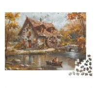 Autumn Watermill Cottage 1000 Piece Jigsaw Puzzle Beautiful Fall Cabin Lake Reflection Wall Decor Educational Game Gift for Adults 70x50cm/1000pcs