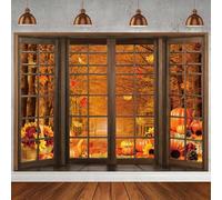 Autumn Window Backdrop Autumn Maple Leaf Forest Photography Background Fall Pumpkin Natural Scenery Harvest Party Decorations Photo Backdrop (8X6FT(94 x 70 inch))