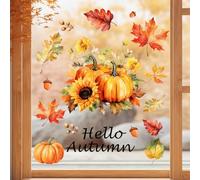 Autumn Window Stickers, Autumn Decorations for Home, Static Cling Fall Window Stickers for Glass Door Shopping Mall, Harvest Festival Thanksgiving Day Decor, Vivid & Reusable, Pumpkin Leaf Sunflower