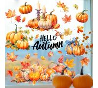 Autumn Window Stickers, Autumn Decorations for Home, Static Cling Fall Window Stickers for Glass Door Shopping Mall, Harvest Festival Thanksgiving Day Decor, Vivid & Reusable, Pumpkin Leaf Handle