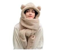 Autumn Winter Bear Hat Scarf and Gloves 3-in-1 Plush Double-Layer Warm Hat Ear Protection Hat for Cold Weather(Beige)