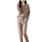 Autumn Winter Cashmere Knitting Suit Women's Lapel Sweater Straight Trousers 100% Wool Sweater Two-Piece Suit