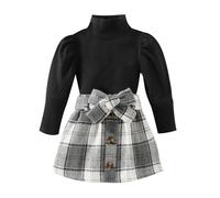 Autumn Winter Girls Fashion Ensemble High Neck Knit Top with Plaid Skirt Coordinated Two Piece Outfit for Toddler Youth Fancy Dress 5-6 Years Clothes 9-10 Dresses Dressing Up