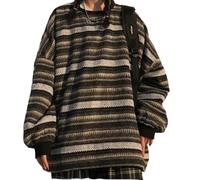 Autumn/Winter Large Women's Fat Sister Vintage Lazy Striped Wool Loose Pocket Crew Neck Sweater Coat-Dark Grey-S