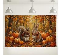 Autumn Woodland Animals Harvest Scene Squirrel Backdrop Banner 71x43 Inch | Plaid Scarves, Photo Backdrop, Harvest Pumpkins, Woodland Animals, Rustic Forest Floor, Golden Fall Leaves