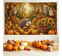 Autumn Woodland Animals Scene Hedgehog Backdrop Banner 71x43 Inch | Forest Animals, Photo Backdrop, Harvest Pumpkins, Cozy Woodland Scene, Seasonal Wall Tapestry, Rustic Country Decor