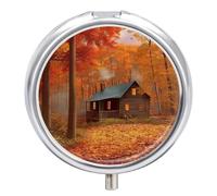 Autumn Woods Cabin Pill Box 3 Compartment Waterproof Pill Case with Mirror Round Container Metal Medicine Box Organizer Portable Vitamin Case for Pocket & Purse Travel