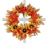 Autumn Wreath - 18 Inches Thanksgiving Garland | Artificial Wreath with Maple Leaves Orange Red Berries and Sunflowers for Fall Farmhouse Outdoor Home Porch Front Door Halloween Thanksgiving Decor