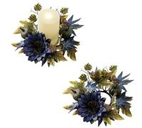 Autumn Wreath 25cm Artificial Sunflower Candle Wreath Ring with Maple Leaf and Pumpkin for Home Decorations (Blue 2PCS)