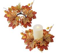 Autumn Wreath, 25cm Autumn Candle Wreath Ring, Artificial Autumn Candle Ring Holder with Maple Leaves and Berries, Mini Fall Wreath Decorations for Thanksgiving Table Decorations Centerpieces (2PCS)