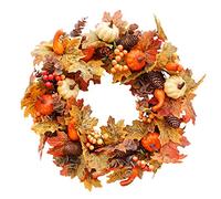 Autumn Wreath Artificial Wreath 50cm/20in Christmas Front Door Rattan Garland with Pumpkin Berries Pine Cone Maple Leaves for Thanksgiving Halloween Christmas Autumn Home Decoration