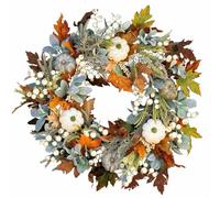Autumn Wreath for Front Door, 40 cm Fall Wreath with Maple Leaf,Pumpkins and Berries,White Artificial Pumpkins Wreath, Autumn Door Wreath for Thanksgiving, Halloween, Autumn Decorations Home Decor