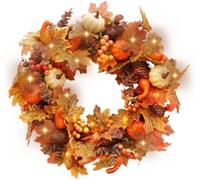 Autumn Wreath for Front Door 40cm Artificial Maple Leaves | with Light, Pumpkins & Berries, Pine Cones, Thanksgiving Decor, Halloween/Christmas/Wedding