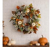 Autumn Wreath for Front Door, 40cm Autumn Wreath with Maple Leaf, Pumpkins and Berries, White Artificial Pumpkins Wreath, Fall Wreath for Front Door Thanksgiving Halloween Autumn Decoration Home Decor