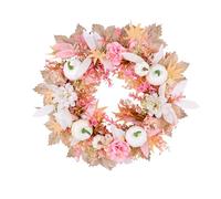 Autumn Wreath for Front Door, 40cm Pink Artificial Halloween Wreath with Pumpkin and Maple Leaves, Harvest Fall Garland Door Ornaments for Thanksgiving Halloween Christmas Autumn Wall Decoration