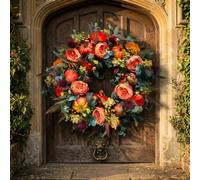 Autumn Wreath for Front Door, Large Artificial Fall Garland with Pumpkins & Maple Leaves, Durable Outdoor Autumn Door Wreaths for Thanksgiving & Halloween Decor，50cm