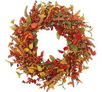 Autumn Wreath for Front Door, with Maple Leaves & Berries Autumn Decorations,Artificial Leaf Small Berries Harvest Wreath for Thanksgiving Indoor Fireplace Window Decor (40CM)