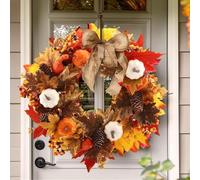 Autumn Wreath Front Door, 19.6inch/50cm Artificial Harvest Festival Wreath with Pumpkins, Pinecones and Maple Leaves Halloween Thanksgiving Decorations (Style B)