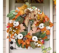 Autumn Wreath Front Door, 19.6inch/50cm Artificial Harvest Festival Wreath with Pumpkins, Pinecones and Maple Leaves Halloween Thanksgiving Decorations (Style D)