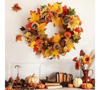 Autumn Wreath Front Door 19.6inch/50cm, Hanging Indoor Outdoor Fall Wreath with Leaves Berries and Pumpkin Harvest for Thanksgiving Harvest Festival Autumn Home Decoration(A)