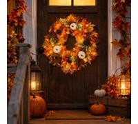 Autumn Wreath with LED Lights, 18in Fall Wreath with Pumpkin & Maple Leaf