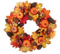 Autumn Wreaths 40cm Fall Maple Leaf Pumpkin Wreath Front Door Wreath Harvest Wreath with Artificial Pumpkins Maple Leaves Berries Pine Cone Garland for Halloween Thanksgiving Christmas Wall Home Decor