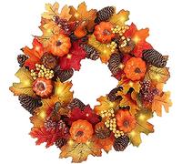 Autumn Wreaths with LED Light 40cm Fall Maple Leaf Pumpkin Berry Garland Artificial Flower Wreath Front Door for Halloween Christmas Thanksgiving Autumn Wall Home Decoration (Whith Light)