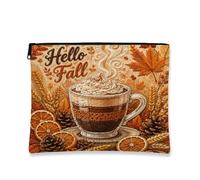 Autumnal Floral Makeup Bag, Hello Fall Coffee Cup Cosmetic Travel Pouch for Women, Portable Small Canvas Zipper Organizer, Brown, 7x9 Inch, Coffee