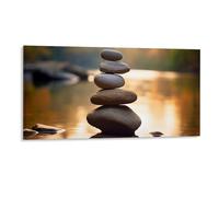 Autumnal Sunset Wall Art Canvas Print Stacked Rocks on Clear River Framed Artwork for Bedroom Living Room Kitchen, Fall Lake Funny Painting, Thanksgiving Gifts, 30x60CM