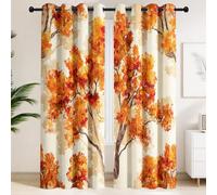 Autumnal Theme Curtains 100% Blackout, Rust Orange Windows Drapes, Insulated Thermal Eyelet Blackout Curtains Red White Trees Falling Leaves Cosy Natural Home Decor W 55" x L 102"