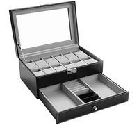 autumndeer 12-Slot Watch Box with Clear Lid, Faux Leather Watch Display Storage Organizer, Lockable Watch Box with Clear Lid & Jewelry Drawer, 2 Layers Watch Case for Men & Women - Black