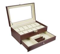 autumndeer 12-Slot Watch Box with Clear Lid, Faux Leather Watch Display Storage Organizer, Lockable Watch Box with Clear Lid & Jewelry Drawer, 2 Layers Watch Case for Men & Women - Brown