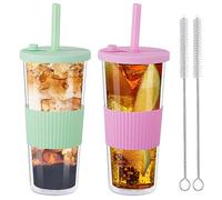 autumndeer 2 Pack Boba Tea Cup with Straw and Lid, 24 Oz Clear Double Wall Insulated Smoothie Tumbler, Reusable Bubble Tea Mug, Leakproof Wide Straw for Iced Coffee Smoothie Cup (Green & Pink)
