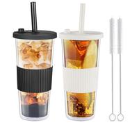 autumndeer 2 Pack Boba Tea Cup with Straw and Lid, 24 Oz Clear Double Wall Insulated Smoothie Tumbler, Reusable Bubble Tea Mug, Leakproof Wide Straw for Iced Coffee Smoothie Cup (Black & White)