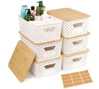 autumndeer 6 Pack Plastic Storage Baskets With Bamboo Lid, Stackable White Woven Plastic Organiser Boxes, Shelf Baskets with Labels, for Desktop, Shelves, Closet, Kitchen, Bathroom