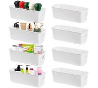 autumndeer 8 pack Narrow Storage Box, Small White Plastic Storage Basket, with Handle Rectangular Stackable Cupboard Organiser for Kitchen, Bathroom Cabinet, Drawers, Fridge, Office, School and Home