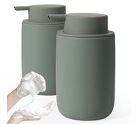 Autumnlife Foam Soap Dispenser Set, 2 Pcs Ceramic Dish Dispenser Refillable Soap Dispenser with Large Pump and Label, Matt Green Dish Soap Pump Dispenser for Kitchen, Bathroom, Worktop, 350 ml
