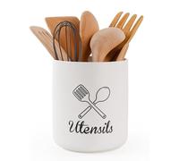 Autumnlife Utensil Holder Ceramic, 6.1" Utensil Organiser for Cutlery & Cooking Tools, Minimalist Utensil Crock Utensil Pot with Relief Carving for Kitchen Countertop - White